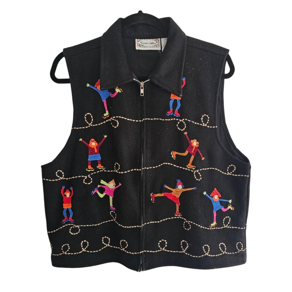 Cassie Allen Women Wool Vest L Black Embroidered Skaters Vintage 90s Cottagecore